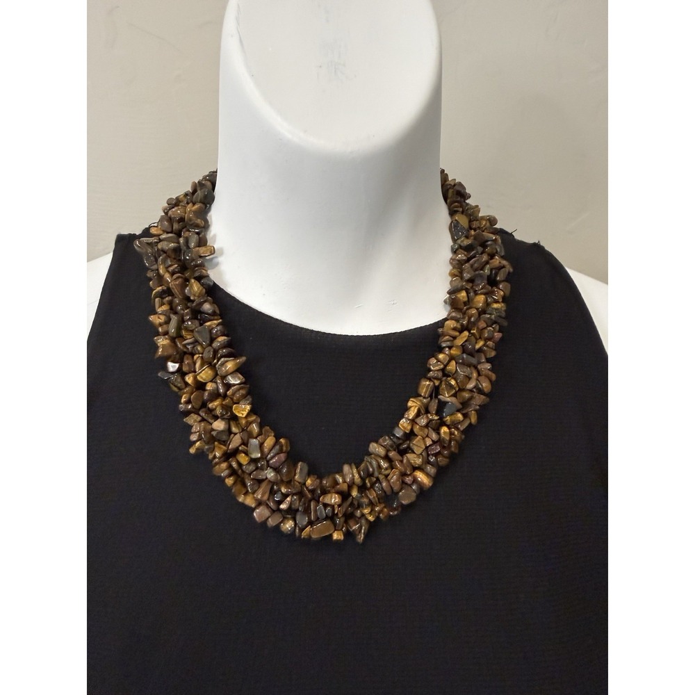 Vintage 18" Tiger's Eye Gemstone Chip Chunky Statement Necklace Thick Collar